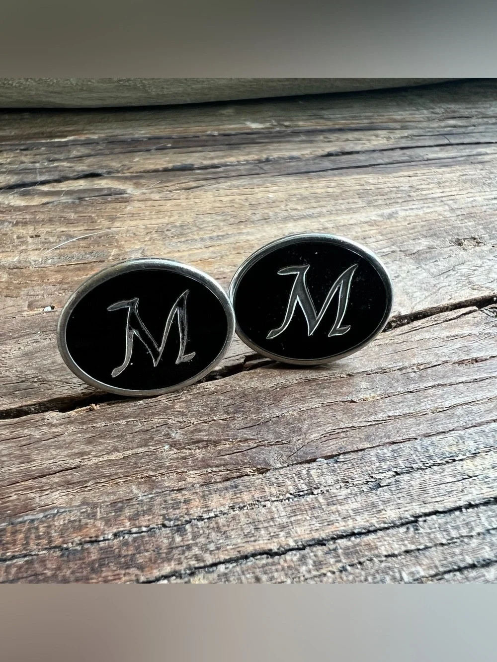 Monogram 'M' Black and Silver Oval Cufflinks